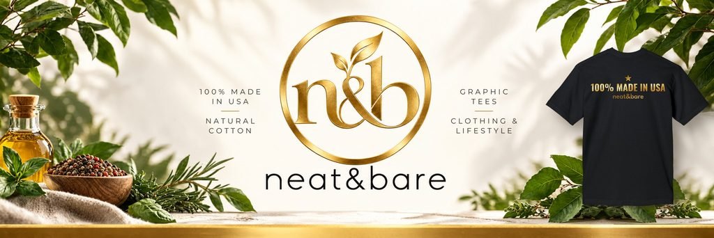 neat&bare banner with the 100% Made in USA gold back graphic tee
